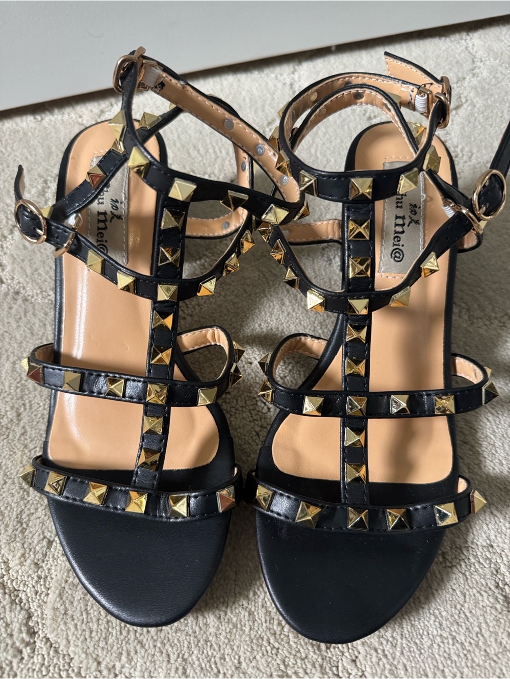 Vegan Leather Black Studded Block Heel Sandals Sz 38 7 1/2 or 8